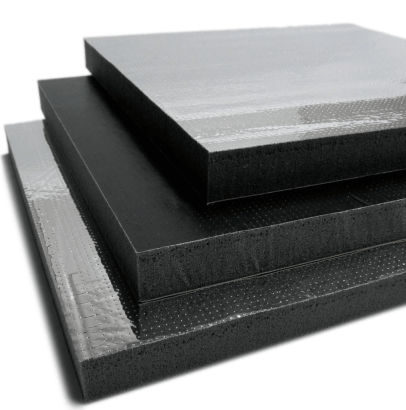 Stacked Tufcote-coated black foam sheets with smooth, slightly textured surfaces, shown in multiple thickness layers.